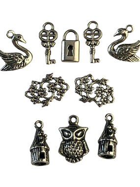 Vintage Style Antique Silver Mixed Tiny Charms Set - 9pc Swan Owl Fairy House